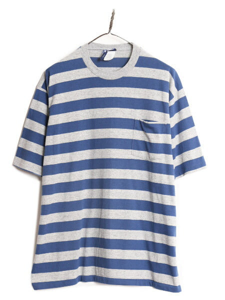 90s USA製 ポケット付き ワイド ボーダー 半袖 Tシャツ メンズ XL 程 90年代 オールド ポケT シングルステッチ 大きいサイズ 2トーン 灰 青