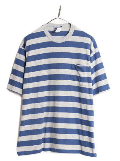 90s USA製 ポケット付き ワイド ボーダー 半袖 Tシャツ メンズ XL 程 90年代 オールド ポケT シングルステッチ 大きいサイズ 2トーン 灰 青