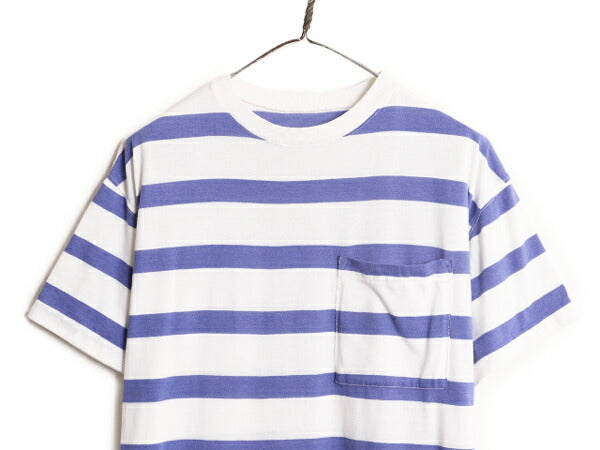 80s ポケット付き ワイド ボーダー 半袖 Tシャツ メンズ L 80年代 ヴィンテージ ポケT シングルステッチ 2トーン ボックス サイドスリット