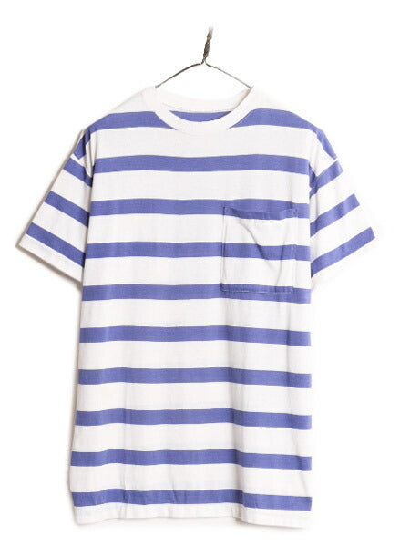 80s ポケット付き ワイド ボーダー 半袖 Tシャツ メンズ L 80年代 ヴィンテージ ポケT シングルステッチ 2トーン ボックス サイドスリット