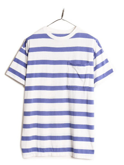 80s ポケット付き ワイド ボーダー 半袖 Tシャツ メンズ L 80年代 ヴィンテージ ポケT シングルステッチ 2トーン ボックス サイドスリット