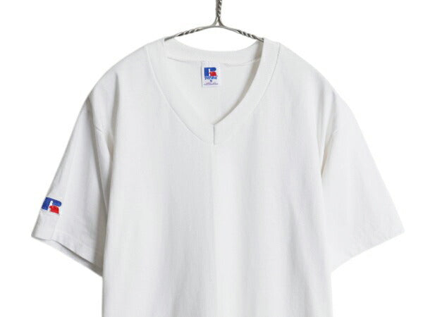 デッドストック 80s USA製 ラッセル 無地 Vネック 半袖 Tシャツ メンズ M / ヴィンテージ ワンポイント カットソー ブランク シンプル 白