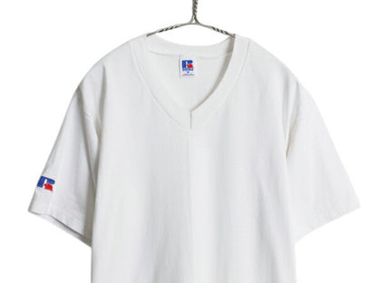 デッドストック 80s USA製 ラッセル 無地 Vネック 半袖 Tシャツ メンズ M / ヴィンテージ ワンポイント カットソー ブランク シンプル 白