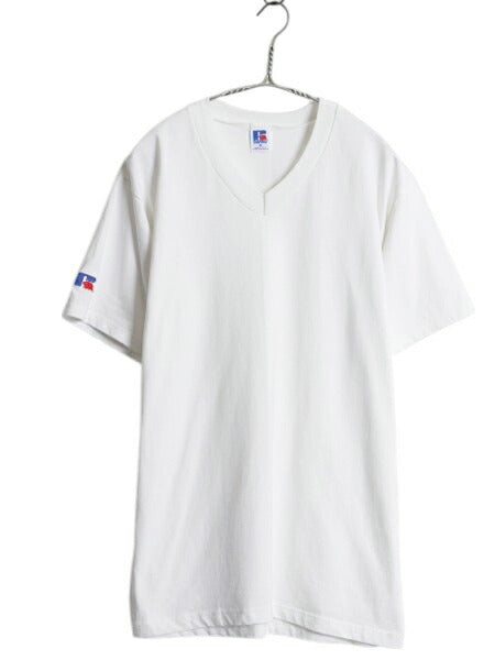 デッドストック 80s USA製 ラッセル 無地 Vネック 半袖 Tシャツ メンズ M / ヴィンテージ ワンポイント カットソー ブランク シンプル 白