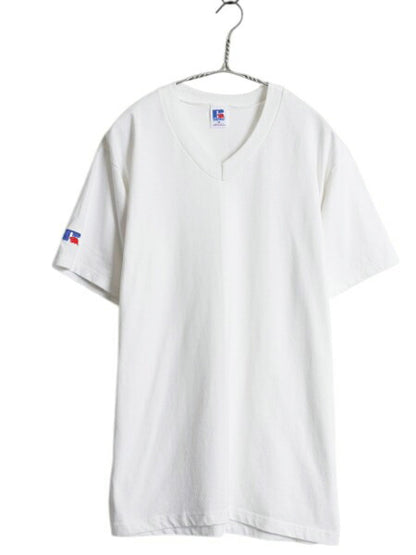 デッドストック 80s USA製 ラッセル 無地 Vネック 半袖 Tシャツ メンズ M / ヴィンテージ ワンポイント カットソー ブランク シンプル 白