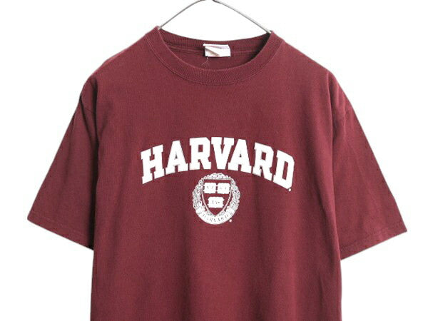 00s チャンピオン ハーバード カレッジ プリント 半袖 Tシャツ メンズ L 古着 オールド コットン ヘビーウェイト 目付き カットソー エンジ