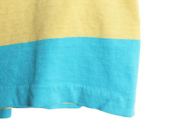 70s ワイド ボーダー 半袖 Tシャツ レディース XS 程/ ヴィンテージ シングルステッチ カットソー ツートン ターコイズ グリーン イエロー