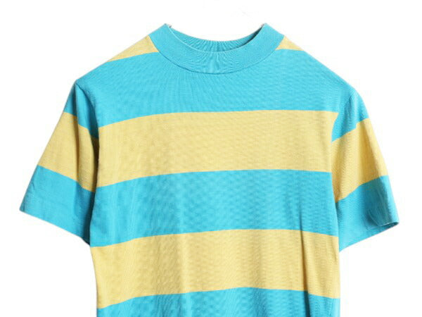 70s ワイド ボーダー 半袖 Tシャツ レディース XS 程/ ヴィンテージ シングルステッチ カットソー ツートン ターコイズ グリーン イエロー
