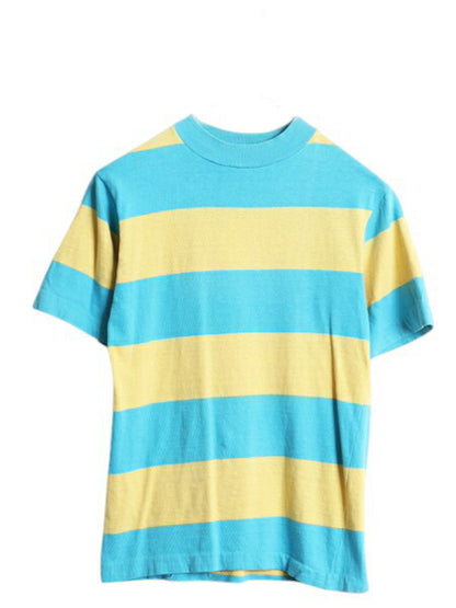 70s ワイド ボーダー 半袖 Tシャツ レディース XS 程/ ヴィンテージ シングルステッチ カットソー ツートン ターコイズ グリーン イエロー