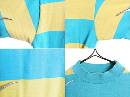 70s ワイド ボーダー 半袖 Tシャツ レディース XS 程/ ヴィンテージ シングルステッチ カットソー ツートン ターコイズ グリーン イエロー
