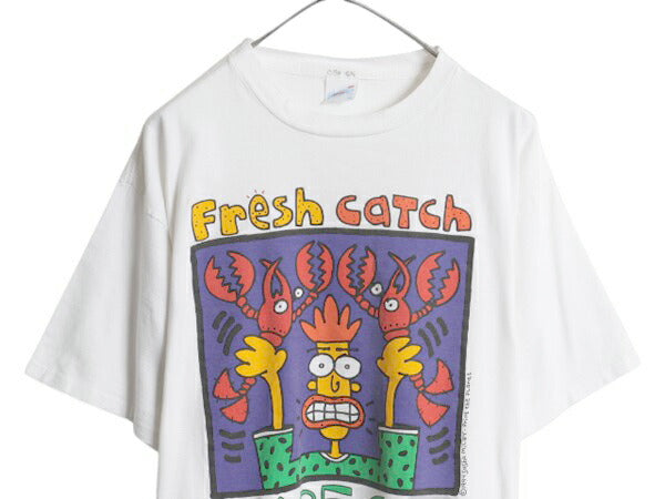 90s USA製 アート プリント Tシャツ メンズ XL 古着 オールド 当時物 ロブスター イラスト キャラクター シングルステッチ 大きいサイズ 白
