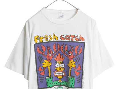90s USA製 アート プリント Tシャツ メンズ XL 古着 オールド 当時物 ロブスター イラスト キャラクター シングルステッチ 大きいサイズ 白
