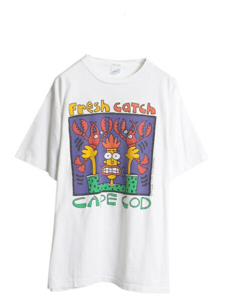 90s USA製 アート プリント Tシャツ メンズ XL 古着 オールド 当時物 ロブスター イラスト キャラクター シングルステッチ 大きいサイズ 白