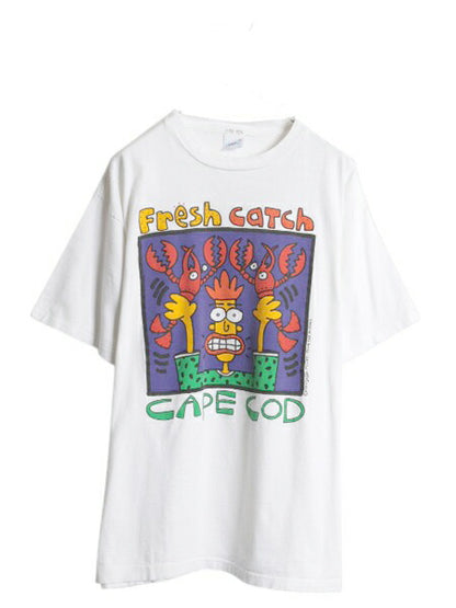 90s USA製 アート プリント Tシャツ メンズ XL 古着 オールド 当時物 ロブスター イラスト キャラクター シングルステッチ 大きいサイズ 白