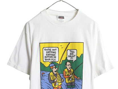 90s フィッシング ジョーク メッセージ イラスト プリント Tシャツ メンズ L / 古着 オールド キャラクター アート グラフィック  ホワイト