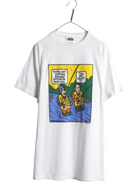 90s フィッシング ジョーク メッセージ イラスト プリント Tシャツ メンズ L / 古着 オールド キャラクター アート グラフィック  ホワイト
