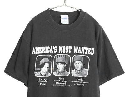 00s 三ばか大将 プリント Tシャツ メンズ L オールド 当時物 ムービー 映画 コメディ キャラクター イラスト フォト グラフィック ブラック