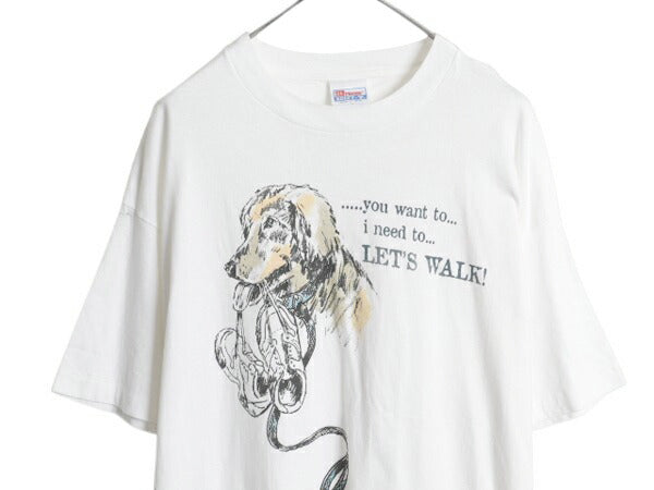 90s ドッグ アート イラスト プリント Tシャツ メンズ XL / オールド 企業物 アニマル メッセージ シングルステッチ 大きいサイズ ホワイト