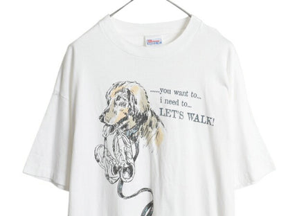 90s ドッグ アート イラスト プリント Tシャツ メンズ XL / オールド 企業物 アニマル メッセージ シングルステッチ 大きいサイズ ホワイト