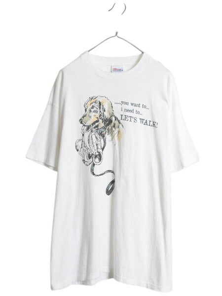 90s ドッグ アート イラスト プリント Tシャツ メンズ XL / オールド 企業物 アニマル メッセージ シングルステッチ 大きいサイズ ホワイト
