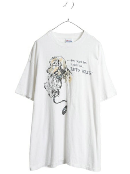 90s ドッグ アート イラスト プリント Tシャツ メンズ XL / オールド 企業物 アニマル メッセージ シングルステッチ 大きいサイズ ホワイト