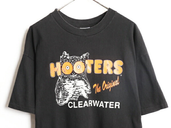 90s HOOTERS 両面 プリント 半袖 Tシャツ メンズ XXL / オールド 企業物 当時物 キャラクター フーターズ 黒 大きいサイズ ヘビーウェイト