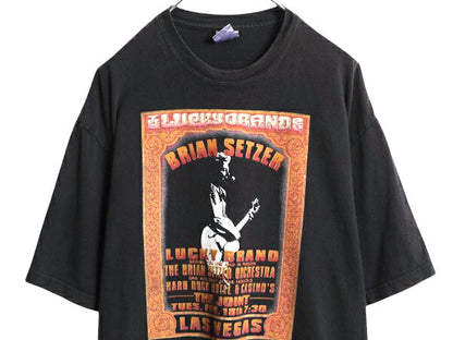 00s USA製 ラッキーブランド ブライアン セッツァー プリント Tシャツ メンズ L 古着 オールド イラスト ヘビーウェイト バンド ロック 黒
