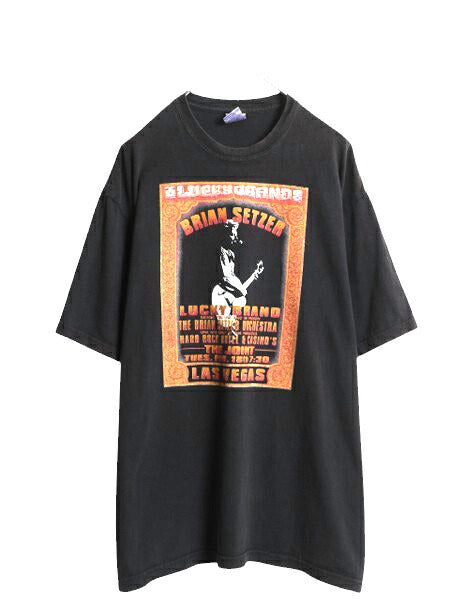 00s USA製 ラッキーブランド ブライアン セッツァー プリント Tシャツ メンズ L 古着 オールド イラスト ヘビーウェイト バンド ロック 黒