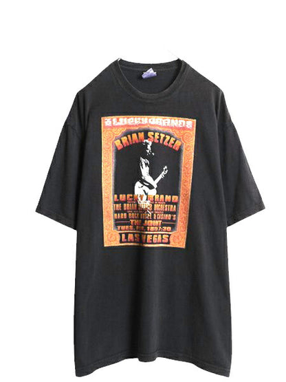 00s USA製 ラッキーブランド ブライアン セッツァー プリント Tシャツ メンズ L 古着 オールド イラスト ヘビーウェイト バンド ロック 黒