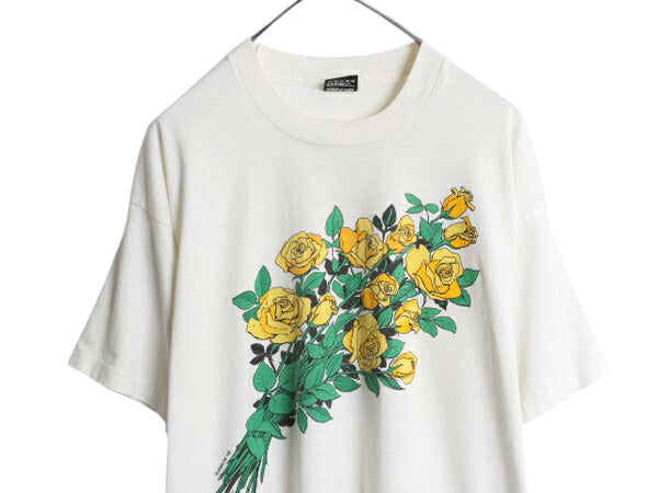 90s USA製 バラ アート プリント Tシャツ メンズ レディース XL / 古着 オールド フラワー 花 グラフィック シングルステッチ 大きいサイズ