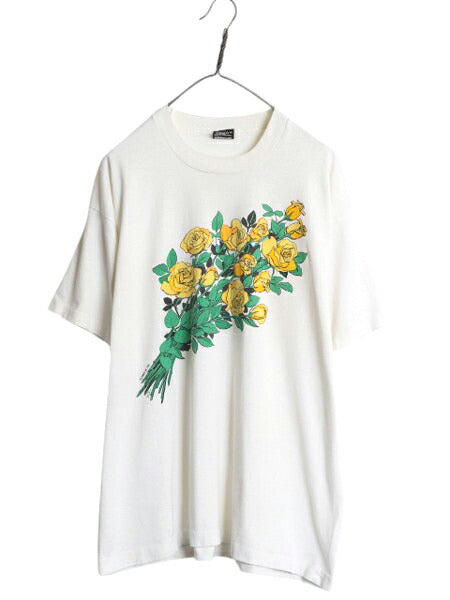 90s USA製 バラ アート プリント Tシャツ メンズ レディース XL / 古着 オールド フラワー 花 グラフィック シングルステッチ 大きいサイズ