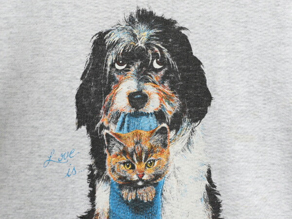 90s ドッグ ネコ アート イラスト プリント Tシャツ メンズ レディース L 程 オールド アニマル 犬 グラフィック シングルステッチ グレー