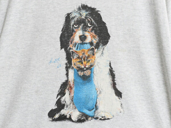 90s ドッグ ネコ アート イラスト プリント Tシャツ メンズ レディース L 程 オールド アニマル 犬 グラフィック シングルステッチ グレー