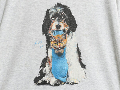 90s ドッグ ネコ アート イラスト プリント Tシャツ メンズ レディース L 程 オールド アニマル 犬 グラフィック シングルステッチ グレー