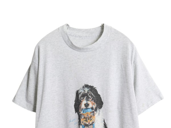 90s ドッグ ネコ アート イラスト プリント Tシャツ メンズ レディース L 程 オールド アニマル 犬 グラフィック シングルステッチ グレー
