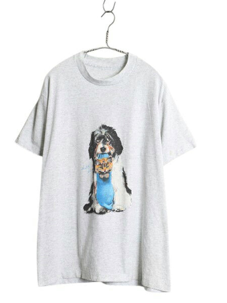 90s ドッグ ネコ アート イラスト プリント Tシャツ メンズ レディース L 程 オールド アニマル 犬 グラフィック シングルステッチ グレー