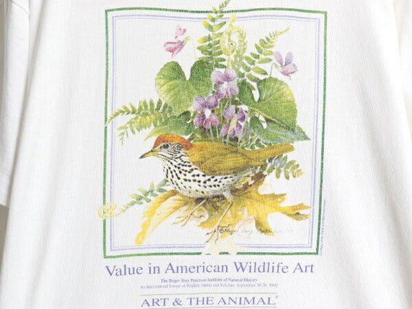 90s USA製 鳥 花 アート イラスト プリント 半袖 Tシャツ メンズ レディース L 古着 オールド アニマル シングルステッチ キャラクター 白