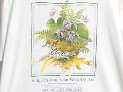 90s USA製 鳥 花 アート イラスト プリント 半袖 Tシャツ メンズ レディース L 古着 オールド アニマル シングルステッチ キャラクター 白