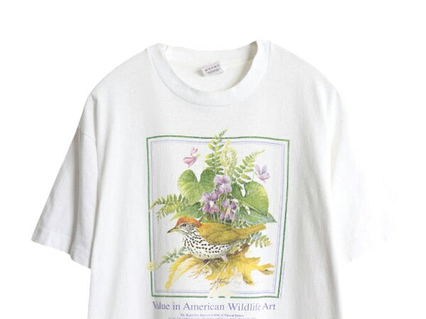 90s USA製 鳥 花 アート イラスト プリント 半袖 Tシャツ メンズ レディース L 古着 オールド アニマル シングルステッチ キャラクター 白