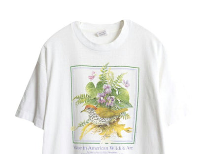 90s USA製 鳥 花 アート イラスト プリント 半袖 Tシャツ メンズ レディース L 古着 オールド アニマル シングルステッチ キャラクター 白