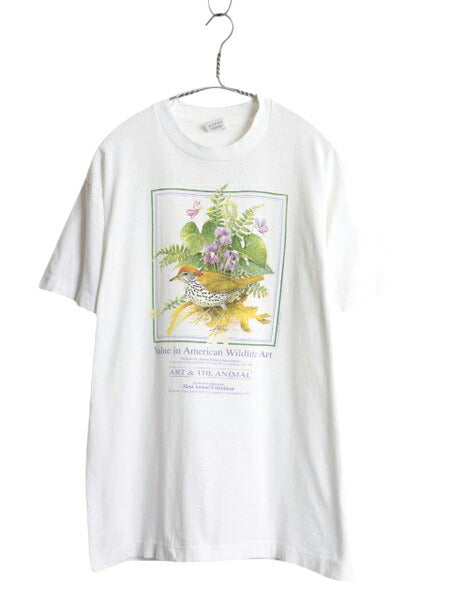 90s USA製 鳥 花 アート イラスト プリント 半袖 Tシャツ メンズ レディース L 古着 オールド アニマル シングルステッチ キャラクター 白