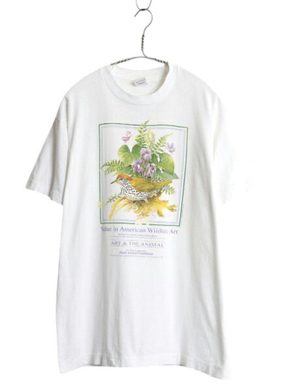 90s USA製 鳥 花 アート イラスト プリント 半袖 Tシャツ メンズ レディース L 古着 オールド アニマル シングルステッチ キャラクター 白