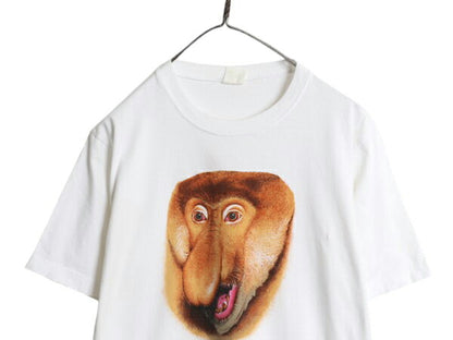00s テングザル アート イラスト プリント 半袖 Tシャツ メンズ L / 古着 オールド アニマル グラフィック キャラクター 白 ヘビーウェイト
