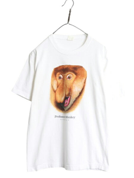 00s テングザル アート イラスト プリント 半袖 Tシャツ メンズ L / 古着 オールド アニマル グラフィック キャラクター 白 ヘビーウェイト