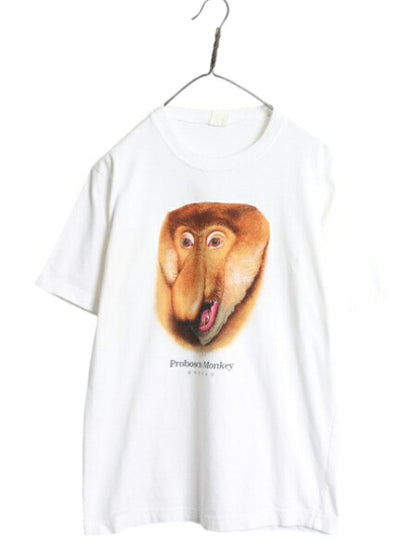 00s テングザル アート イラスト プリント 半袖 Tシャツ メンズ L / 古着 オールド アニマル グラフィック キャラクター 白 ヘビーウェイト