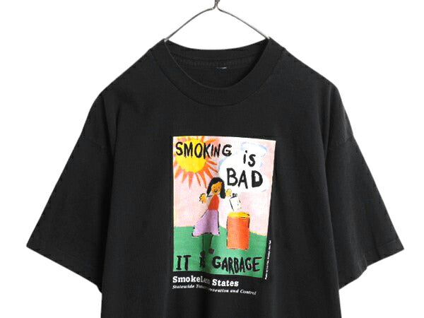 90s 禁煙 メッセージ アート イラスト プリント Tシャツ メンズ XL 程 / オールド グラフィック シングルステッチ 大きいサイズ 企業物 黒
