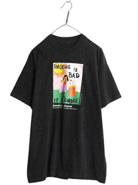 90s 禁煙 メッセージ アート イラスト プリント Tシャツ メンズ XL 程 / オールド グラフィック シングルステッチ 大きいサイズ 企業物 黒