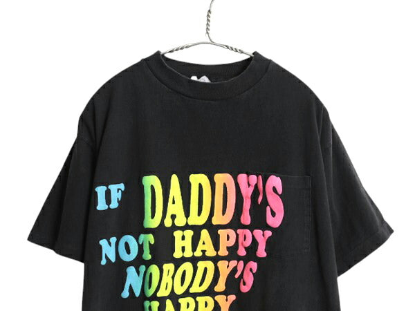 80s メッセージ ポケット付き 蛍光 発泡 プリント Tシャツ メンズ XL 程 ヴィンテージ ポケT グラフィック ヘビーウェイト 大きいサイズ 黒
