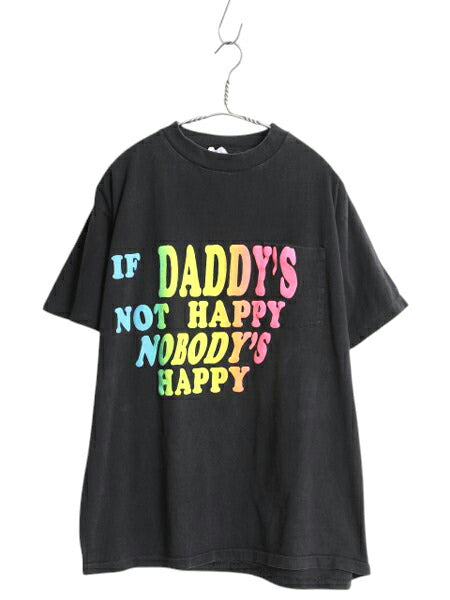 80s メッセージ ポケット付き 蛍光 発泡 プリント Tシャツ メンズ XL 程 ヴィンテージ ポケT グラフィック ヘビーウェイト 大きいサイズ 黒