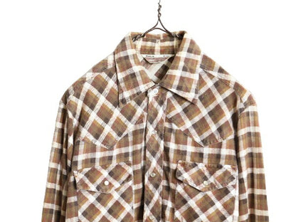 70s シアーズ チェック プリント フランネル ウエスタン シャツ メンズ M 古着 ヴィンテージ SEARS 長袖シャツ ネルシャツ スナップボタン
